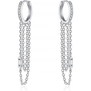 Kal-Boucles D'oreilles Créoles Pendantes En Argent Sterling 925 Avec Pompon Pour Femme - Boucles D'oreilles Créoles Avec Chaîne Et Pendentif En Forme De Goutte Avec Zircone Cubique - Petites - Neuf