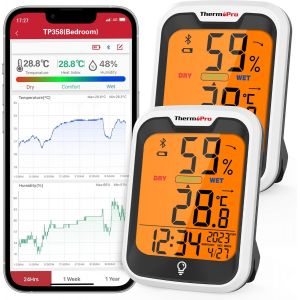 SUBZONAL-TP358 Hygrom&egrave;tre Bluetooth Thermom&egrave;tre Int&eacute;rieur avec Horloge Int&eacute;gr&eacute;e, Capteur Fabriqu&eacute; en Suisse, Thermometre Connect&eacute; avec Alerte de Notification, 2 Pi&egrave;ces - Neuf