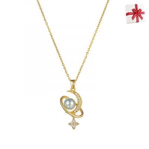 Collier Meilleur Pendentif Or Zircon Étoile Lune Perle Pendentif Clavicule Chaîne Femme - Neuf