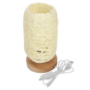 Hjlian Petite Lampe De Table Led En Bois Massif, Ficelle, Rotin Et Lin, Prise Usb, Variateur D'intensite - Neuf