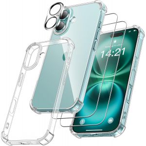Coque 4-En-1 Pour Iphone 16 Plus 6,9'' - Transparent, Bords Air-Cushion Antichoc Et Anti-Rayures, 2 Films Verre Trempé 9h + Protection Objectif, Revêtement Anti-Traces - Neuf