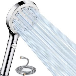 JGD-Pommeau de douche avec tuyau de 1,5 m - &Eacute;conomiseur d'eau - 5 types de jet - Douchette &agrave; &eacute;conomie d'eau - Avec fonction d'arr&ecirc;t - Avec fonction anti-calcaire - Chrom&eacute; - Neuf