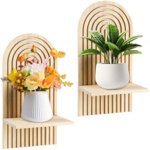 CAUC-Lot de 2 &Eacute;tag&egrave;res Murales en Bois Naturel, Design Boh&egrave;me Moderne &Eacute;tag&egrave;re Flottante, &Eacute;tag&egrave;res Suspendue Support Mural pour Chambre, Salon, Bureau - Neuf