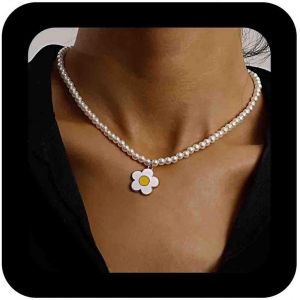 Kal-Collier Fleur Boho Collier Ras De Cou Fleur &Eacute;maill&eacute;e Collier De Perles Blanches Collier De Perles Fantaisie Collier De Mariage Collier De Perles Bijoux Pour Femmes - Neuf