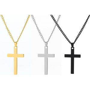 Kal-3pcs Collier Croix Gravé En Acier Inoxydable Avec Pendentif Et Chaîne Réglable - Bijoux Chrétienne Catholique Pour Hommes Et Femmes - Neuf