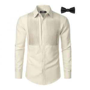 Chemise Homme De Smoking &Agrave; Manches Longues &Eacute;l&eacute;gante Pliss&eacute;e Beige Taille L Pour Soir&eacute;e C&eacute;r&eacute;monie Mariage Ou Bal - Neuf