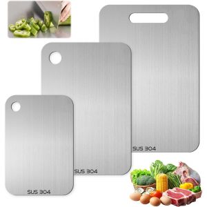 Lot De 3 Planches &Agrave; D&eacute;couper En Titane S304 En Acier Inoxydable - Double Face - Antibact&eacute;rien - Pour Viande, L&eacute;gumes, Fruits (24 X 15 Cm, 30 X 20 Cm Et 34 X 23 Cm) - Neuf