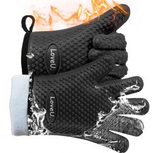 Gants De Cuisine-Gants De Cuisine Double Couche Résistants À La Chaleur,Gants De Cuisine En Silicone Avec 5 Doigts,Imperméables Et Antidérapants Pour Barbecue,Cuisine,Pâtisserie - Neuf