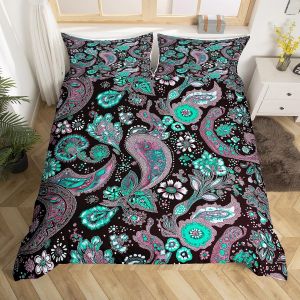 Double (Sans Couette)-Noir Bleu-Housse De Couette Double Motif Cachemire, Parure De Lit Bohème À Fleurs Pour Enfants, Garçons Et Filles, Parure De Lit Rétro Damassée Égyptienne Douce Sans Couette, P - Neuf