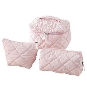 Lot de 3 grandes trousses de maquillage matelassees en coton pour voyage, trousse de toilette et sac Kawaii fait main rose - Neuf
