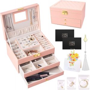 Jexnovashop-Boîte À Bijoux 3 Niveaux,Boite A Bijoux Femme,Rangement Bijoux,Coffret À Bijoux,Verrouillable Avec Clef,Organisateur De Bijoux Avec Tiroir Pour Bracelets,Boucles D'oreilles,Bagues,Collier - Neuf