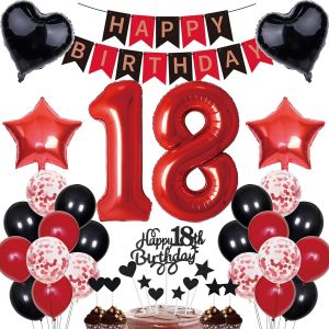 Lot De 18 D&eacute;corations D'anniversaire Pour Gar&ccedil;ons Et Filles - Cadeau, D&eacute;coration De G&acirc;teau, Banni&egrave;re Happy Birthday, Rouge Et Noir - Neuf
