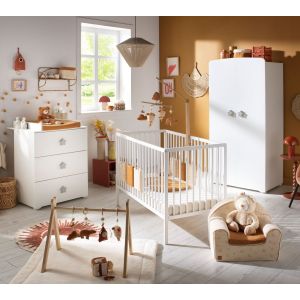 Chambre b&eacute;b&eacute; compl&egrave;te Basic, Lit 120x60 tout barreaux, Commode &agrave; langer 3 tiroirs et Armoire 2 portes - Neuf