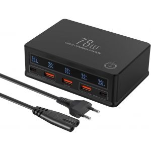 78w Usb Charger Fast Charge 5 Ports Charging Station With Lcd Display And 30w Type-C Pps 25w Qc4.0 Port Usb Power Adapter For Iphone 15 14 13, Samsung S23, Ipad Etc. [Black] - Neuf