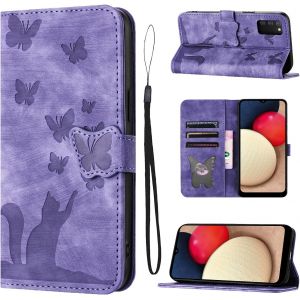 Kal-Housse Protection Pour Samsung Galaxy A02s 6.5 Pouces Sm-A025f/Ds Matériau En Cuir Pu Coque Samsung A02s Avec Fentes Pour Cartes Étui Motif Papillon Chat Violet - Neuf