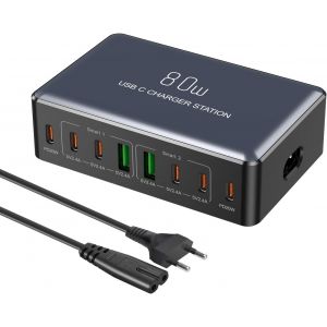 JGD-Chargeur USB C, 's 80W 8 Port Prise USBC Chargeur Rapide iPhone, Multi Secteur PD+USB-A Adaptateur pour iPhone 16 15 Pro Max 14 13 12 Mini XS XR 8 6S Plus SE, Pixel,Samsung Galaxy - Neuf