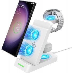 3 In 1 Wireless Charger For Galaxy Watch 7/Ultra/Fe/6/5 Series Induction Charger For Galaxy S25 Edge/S25/S24/S23/S22 Series,Note20/10/ Zflip 7/Fe/6/5/4,Fold 7/6/5/4 And Galaxy Buds3/3 Pro/2 - Neuf