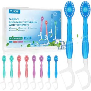 Lot De 12 Brosse A Dent Voyage Jetable Avec Dentifrice Gratte-Langue Et Cure-Dent Fil Dentaire,Mini Brosse A Dent 5 En 1 Brosse &Agrave; Dents Manuelles Emball&eacute;es Individuellement - Neuf