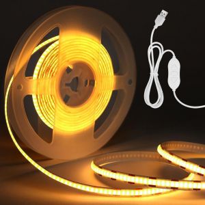 Ruban LED COB USB,5V Bande LED 2 Mètres,Bandeau Lumineuse LED Blanc Chaud,Dimmable Haute Densité,Découpable Bande LED pour Chambre,TV Rétroéclairage,Éclairage Maison DIY - Neuf