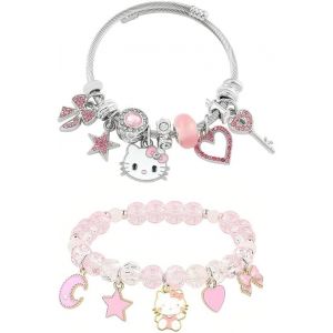 Kalsw-Lot De 2 Bracelet Femme Bracelets Acier Inox Réglable Et Bracelet Élastique En Perles Avec Breloques Hello Kitty Chat C?ur Lune Étoile Bijoux Mignon Tendance - Neuf