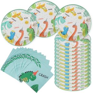 Kit De Fête D'anniversaire Dinosaure, 32 Pièces De Décoration D'anniversaire Dinosaures - 16 Serviettes En Papier Et 16 Assiettes En Carton Motif Jungle Pour Enfants, Safari - Neuf