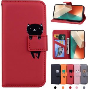 Kal-Xiaomi Redmi Note 13 5g Hülle Pu Leder Brieftasche Xiaomi Redmi Note 13 5g Schutzhülle Stehfunktion Magnetic Closure Handyhülle Für Redmi Note 13 5g Rote Katze - Neuf