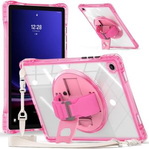 Coque Hybride TPU Transparent pour Samsung Galaxy Tab A9+ / A11+ avec Support de Rotation, Rose Rouge - Neuf