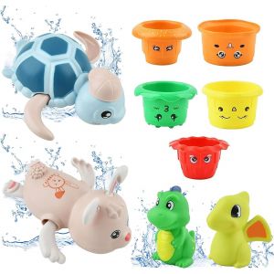 DDA-Jouet Bain Bébé, 9 Pcs Enfant Jeux de Bain Coffret sont en Silicone Souple, Faciles Nettoyer, Bath Toys pour Fille et Garcon Les Ages de 6-12 Mois et 1, 2, 3 Ans, Jouets Remonter Tortue - Neuf
