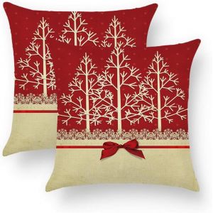 Lot De 2 Housses De Coussin En Coton Et Lin, Pour La Maison, La Chambre, Le Canapé, La Voiture, Housse De Coussin En Lin Rouge, Avec Un N?Ud En Forme De Sapin De Noël De La Collection Noël, 45 X - Neuf