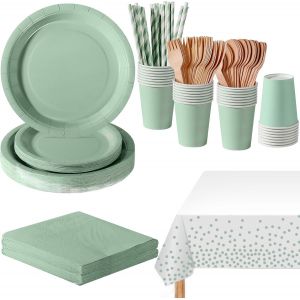 Mevronisshop-Anniversaire Vaisselle De Fete 169 Pi&egrave;ces Vert Sauge Party Assiettes En Papier Set Assiettes De F&ecirc;te Papier Tasses Serviettesr, Pour Barbecue Les F&ecirc;tes Les Pique-Niques -24 Invit&eacute;s - Neuf