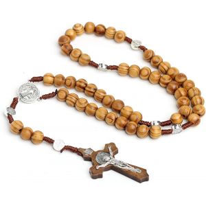 Trahoo-Chapelet Collier Croix Chretienne Homme Femme Collier Chapelet Catholique Médaille Crucifix En Bois Rosaire De Prière Marron Noir Kaki, Saint Benoît Communion Religieuse, Baptême, Messe, Bible - Neuf