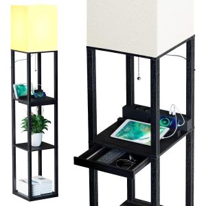 Lampadaire Salon Massif Avec 3 Temp&eacute;ratures De Couleur, 2 Ports De Charge Usb Et 1 Tiroir, En Bois Etag&egrave;res Pour Chambre Et Salon, Noir&iquest;Ampoule Incluse&iquest; - Neuf