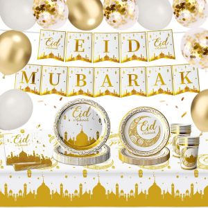 MEVRONISSHOP-52 Pieces Eid Mubarak Vaisselle D&eacute;coration, Vaisselle Aid Moubarak, Pr&eacute;-install&eacute;s Aid Mubarak D&eacute;coration avec Assiette, Serviette, Gobelet, Nappe, Banderole et Ballons, Decoration Aid Mo - Neuf