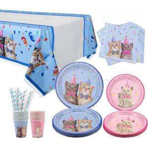 Checarzhn--No1-Cat Party Fournitures, Décorations De Fête De Chaton Vaisselle Jetable, Y Compris Plaques De Dîner, Plaques De Dessert, Plaques De Serviettes Tapis De Paille Nappe - Sert 20 - Neuf