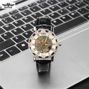 Montre Mecanique Automatique Winner Pour Homme, Bracelet En Cuir Pu Creux, Cadran Blanc - Neuf