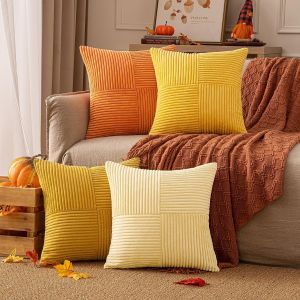Slep-Lot De 4 Housses De Coussin Décoratives En Velours Côtelé - Motif Patchwork D'automne - 45 X 45 Cm - Pour Canapé, Fauteuil, Maison, Chambre À Coucher - Orange - Neuf