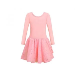 Justaucorps De Ballet Avec Jupe Tutu Fille Tenue De Danse Manches Longues Rose Poudr&eacute; Coton Et Mousseline Taille 140 Cm - Neuf