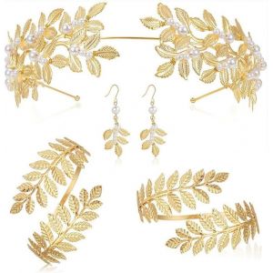 Kalanka-Déesse Grecque Costume, Couronne Laurier Doré, Bracelet Manchette, Boucles D'oreilles Perle, Parure Bijoux Femme, Parure De Bijoux Pour Femme En Costume De Déesse Grecque - Neuf