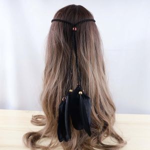Kal-Bandeau Boho En Plumes Bandeau Gitan Bandeau Noir En Plumes À Pompons Longue Frange Coiffure Bandeau Bijoux Pour Femmes Et Filles Coiffe De Scène - Neuf