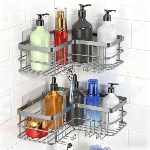 &Eacute;tag&egrave;re d'angle de douche, organisateur de douche adh&eacute;sif, &eacute;tag&egrave;res de salle de bain, support de shampooing avec crochets, en acier inoxydable - Neuf