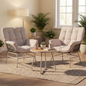 Lot de 2 fauteuils lounge HWC-P75, fauteuils lounge relax, tissu 220 g/m&sup2; polyrotin m&eacute;talgris clair, rembourrage beige - Neuf