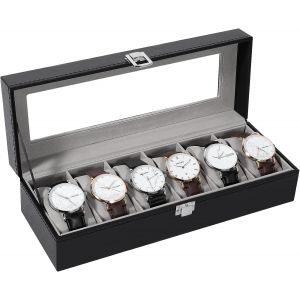 Kal-Boite A Montre, 6 Emplacements Écrin À Montres En Cuir Boite Rangement Montre Avec Couvercle En Verre Pour Homme Femme - Neuf
