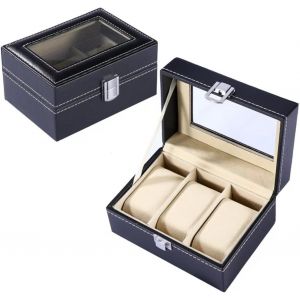 Kal-Boîtier De Montre À 3 Fentes, Boîte De Montre En Cuir Pu, Présentoir De Montre, Organisateur De Bijoux Portable Avec Dessus En Verre Pour La Maison Et Les Voyages, Noir - Neuf
