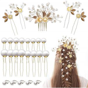 Kal-26 Pi&egrave;ces Accessoire Cheveux Mariage, Feuilles Dor&eacute;es Accessoires De Cheveux, Pince Cheveux Mariage En Forme De U Vintage Bijoux Cheveux Mariage Pour Mari&eacute;e Et Demoiselles D'honneur - Neuf