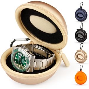 Nbgcm-1 Pièces Boîte Montre Voyage, Montre Fermeture À Glissière Étui, Avec Mousqueton Et Éponge, Portable Montre Ronde Boîte De Rangement, Convient À Toutes Les Montres Inférieures À 50mm(Doré) - Neuf