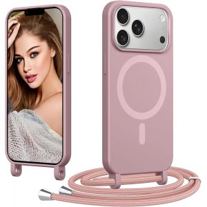 JGD-pour iPhone 17 Pro Max avec Cordon, [Compatible avec MagSafe] Magn&eacute;tique Coque Ultra Mince Souple TPU Silicone &Eacute;tui Housse avec Collier Lanyard Lani&egrave;re en Corde Case Camera Antichoc, Rose - Neuf