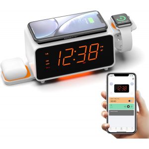 Radio Réveil, Chargeur Sans Fil Ultra - Rapide 15W Avec Bluetooth, Port De Charge Usb, Double Alarme, Minuterie De Sommeil, Snooze, Variateur, Fm Radio, Écran Led Cyan De 1,4 Pouces Cks207 - Neuf