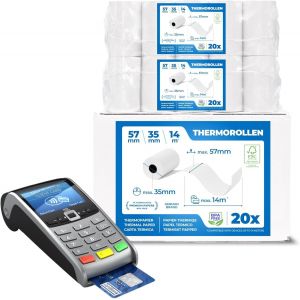 Lot de 20 rouleaux thermiques EC Cash-Largeur : 57 mm-Diamètre : 35 mm-Diamètre de la gaine : 12 mm-Longueur : 14 m-Pour imprimante à tickets,terminaux EC,etc. - Neuf