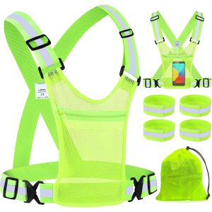 Meimie-2 Pièces Gilet De Sécurité Vélo +4 Pièces Bracelets De Sécurité, Harnais De Reflechissant Réglable Gilet Fluorescent Unisexe Pour La Course, Le Vélo, La Moto Mit Poche - Neuf