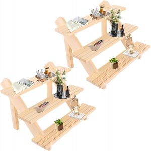 MEVRONISSHOP-Lot de 2 pr&eacute;sentoirs &agrave; 3 niveaux en bois - 39 x 30 x 24 cm - Pr&eacute;sentoir &agrave; bijoux avec rainure - Pour artisanat, figurines, bijoux, rouge &agrave; l&egrave;vres, vernis &agrave; ongles - Neuf